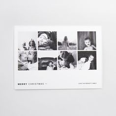 a christmas card with photos of people and animals in black and white, on a white background