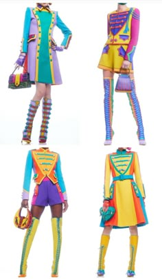 four different views of the same woman's outfit and shoes, all in multicolored colors