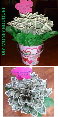 dollar bills in a flower pot made out of paper and cut into hearts for valentine's day