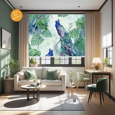 a living room filled with furniture and a large window covered in colorful birds on the wall