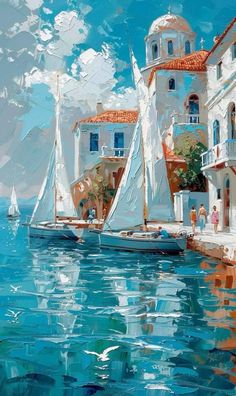 an oil painting of sailboats in the water near some buildings and people walking by