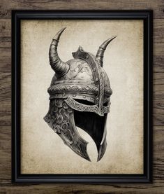 a drawing of a helmet with horns on the front and side, in a black frame