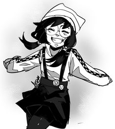 a black and white drawing of a girl with glasses on her face, wearing a hat