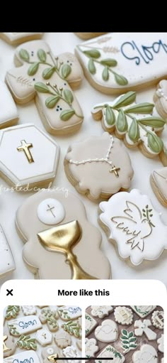 the cookies are decorated with white and green designs on them, along with gold trimmings