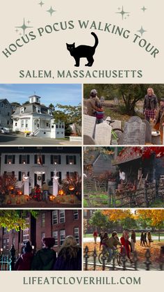 a collage of photos with the words hocpspous walking tour salem massachusetts