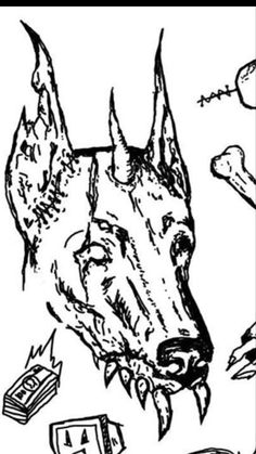 a black and white drawing of a dog's head surrounded by other things in the background