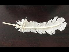 a white feather sitting on top of a table next to a sign that says chocolate feather