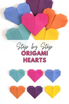 an origami heart with the words step by step on it and six different colors