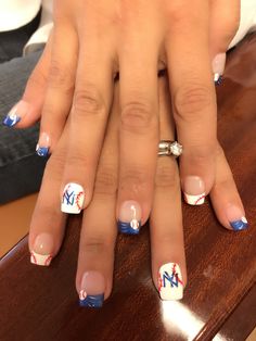 Padres Nails, Baseball Toe Nail Designs, Baseball Manicure, Baseball French Tip Nails, Nails Baseball, Baseball Nails Acrylic, Blue Baseball Nails, Baseball Pedicure, Yankee Nails Designs