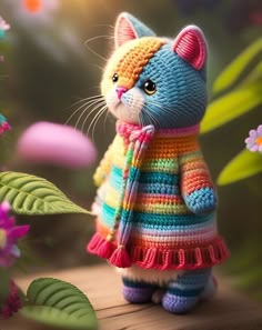 a crocheted cat in a colorful dress standing on a wooden surface with flowers