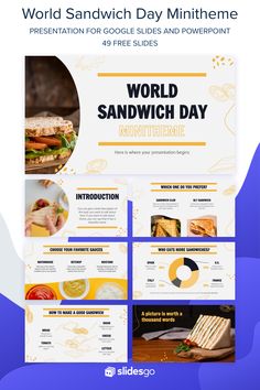 the world sandwich day powerpoint presentation is displayed on a blue and white background with yellow accents