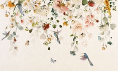 an artistic painting of flowers and birds flying in the air with white walls behind them