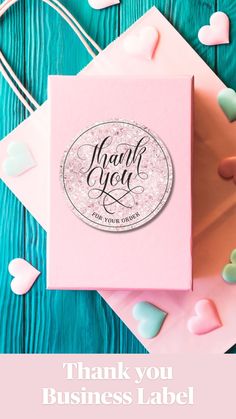 a thank card with hearts on it and the words thank you business label in pink