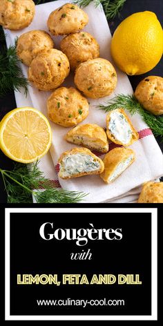 lemon, feta and dill muffins with text overlay that reads gougeres with lemon, feta and dill