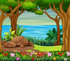 a forest with rocks and flowers by the ocean