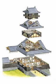 an architectural drawing of a japanese style house with three levels and four rooms on each level