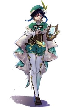 an anime character with blue hair and green clothes holding a harp in one hand, while wearing