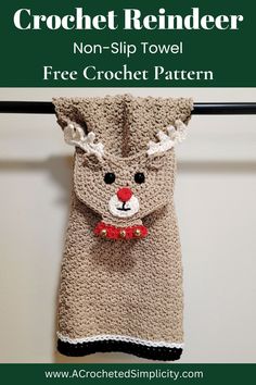 a crocheted reindeer towel hanging on a clothes line with text overlay that reads, no - slip towel free crochet pattern