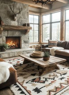 a living room filled with furniture and a fire place next to a stone wall mounted fireplace