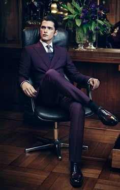 Salvatore Ferragamo #astrongsuit #excitingelegance #Zappos Purple Suit, Sean O'pry, Purple Suits, Sharp Dressed Man, Love Is, Well Dressed Men, Gentleman Style, A Chair, Suit And Tie