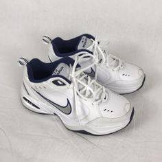 Sneakerhead Outfits, Nike Sneakers White, Air Monarch Iv, Nike Air Monarch Iv, Nike Air Monarch, Navy Blue Shoes, Sports Shoes Outfit, Men's Workout