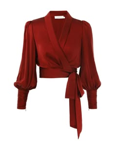 The Silk Wrap Top in Burgundy from our Fall 2024 Collection, In Illustration. A silk top featuring a wrap front silhouette, blouson sleeves and plunging V-neckline. How To Style A Maxi Dress, Silk Wrap Top, Wrap Crop Tops, Feather Dress, Silk Wrap, Style Maxi Dress, Swimwear Outfit, Pink Silk, High Waisted Trousers