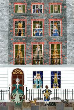 a painting of people standing in front of a tall brick building with many windows on each side