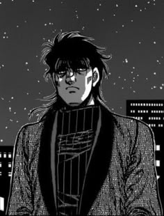 an anime character standing in the middle of a city at night with buildings and stars behind him