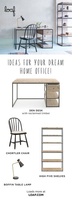 an office desk and chair with the words ideas for your dream home office on it