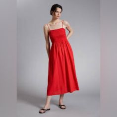 Stunning Red Color! & Other Stories Women's Red Smocked Bodice Maxi Dress. Brand New With Tag. Red Smocked Spring Vacation Top, Casual Smocked Dress With Ruched Bodice For Daywear, Red Smocked Top For Spring Vacation, Red Smocked Top For Vacation In Spring, Casual Smocked Dress With Ruched Bodice, Red Midi Dress With Smocked Back, Red Smock Midi Dress, Red Fitted Smocked Dress With Ruched Detail, Fitted Red Smocked Dress With Ruched Details