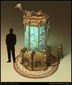 a man standing next to a large clock on top of a rug in the shape of a fish tank