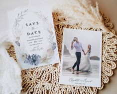 an image of a couple on their wedding day with save the date cards next to them