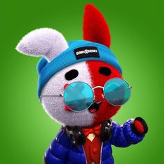 a red, white and blue stuffed animal wearing headphones with sunglasses on it's face