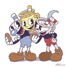 two cartoon characters standing next to each other