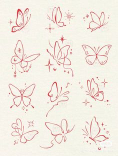 a bunch of red butterflies on a white paper with stars and sparkles in the background