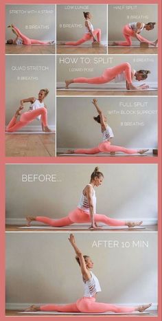 a woman doing yoga poses with her hands in the air