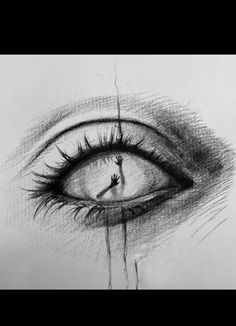 a pencil drawing of an eye with the hand coming out of it's iris