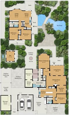 an aerial view of the floor plan for a house with two pools and three car garages