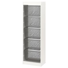 a tall white cabinet with drawers on the bottom and shelves below it, in front of a white background