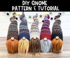 several knit gnomes are lined up next to each other with the words diy gnome pattern