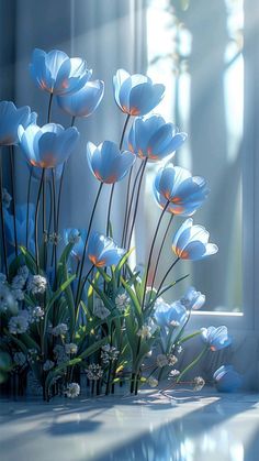 some blue flowers are in front of a window