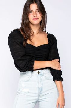 Black Crop Top - Ruched Crop Top - Puff Sleeve Crop Top | Bohopink Cute Night Out Outfits, Fashion District Los Angeles, Ruched Crop Top, Boho Boutique, Puff Sleeve Crop Top, Fashion District, Black Crop Top, Ruched Bodice, Night Out Outfit