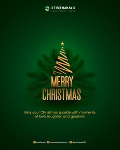 merry christmas card with green background and gold lettering on the bottom right corner, surrounded by pine branches