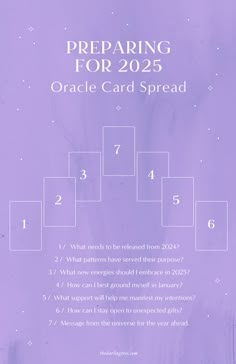 a purple poster with numbers on it and the words preparing for 205 oracle card spread