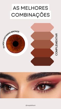 De acordo com a Teoria da Cores, especificamente as Cores Complementares, os tons de sombra que vão complementar a íris de quem tem olhos castanho-bronze são essas: 70s Make Up, Deep Winter Palette, Soft Autumn Color Palette, Classic Makeup, Makeup Pro, Cool Makeup Looks, Deep Autumn, Edgy Makeup, Image Consultant