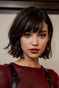 Short Hairstyle Frizzy Hair, French Lob Haircut With Bangs, Brunette Short Bob Hairstyles, Bob Haircut Outfit Street Style, French Bob Medium, Short Whisky Bangs, French Bob With Bangs Thick Hair, Medium Choppy Bob With Bangs, Bob With French Bangs