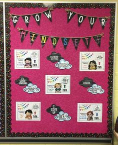 a bulletin board with pictures and words on it that says grow your minds, surrounded by bunting