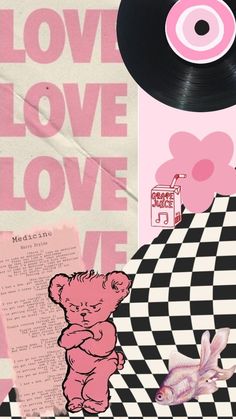 a collage with pink and black items including a vinyl record, teddy bear, checkered tablecloth