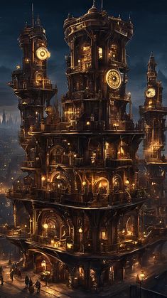 a very tall building with clocks on it's sides in the middle of a city at night