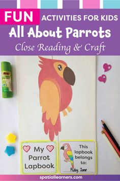 Check out these Parrot Activities for Kids! This All About Parrots close reading activity is great for your reading corner! The resource includes nonfiction writing, reading comprehension worksheets, graphic organizers, craft activity, and lapbook ideas. They can be used as bell-ringer activity, warm-up activity, or after-school activity. Fun things to do with your first and second grade students! #animalstudy #nonfictionunit #closereading #craft #lapbookideas  #activitiesforkids Parrot Activities, Facts About Parrots, Parrot Facts